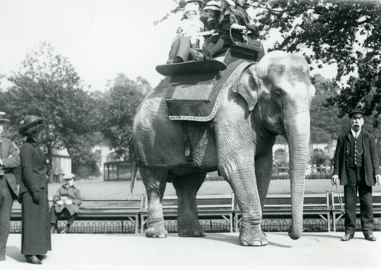 Den indiske kvinnelige elefanten 'Lukhi' gir barna en tur med keeper Charles Eyles, mens besøkende ser på, London Zoo, mai 1914 av Frederick William Bond