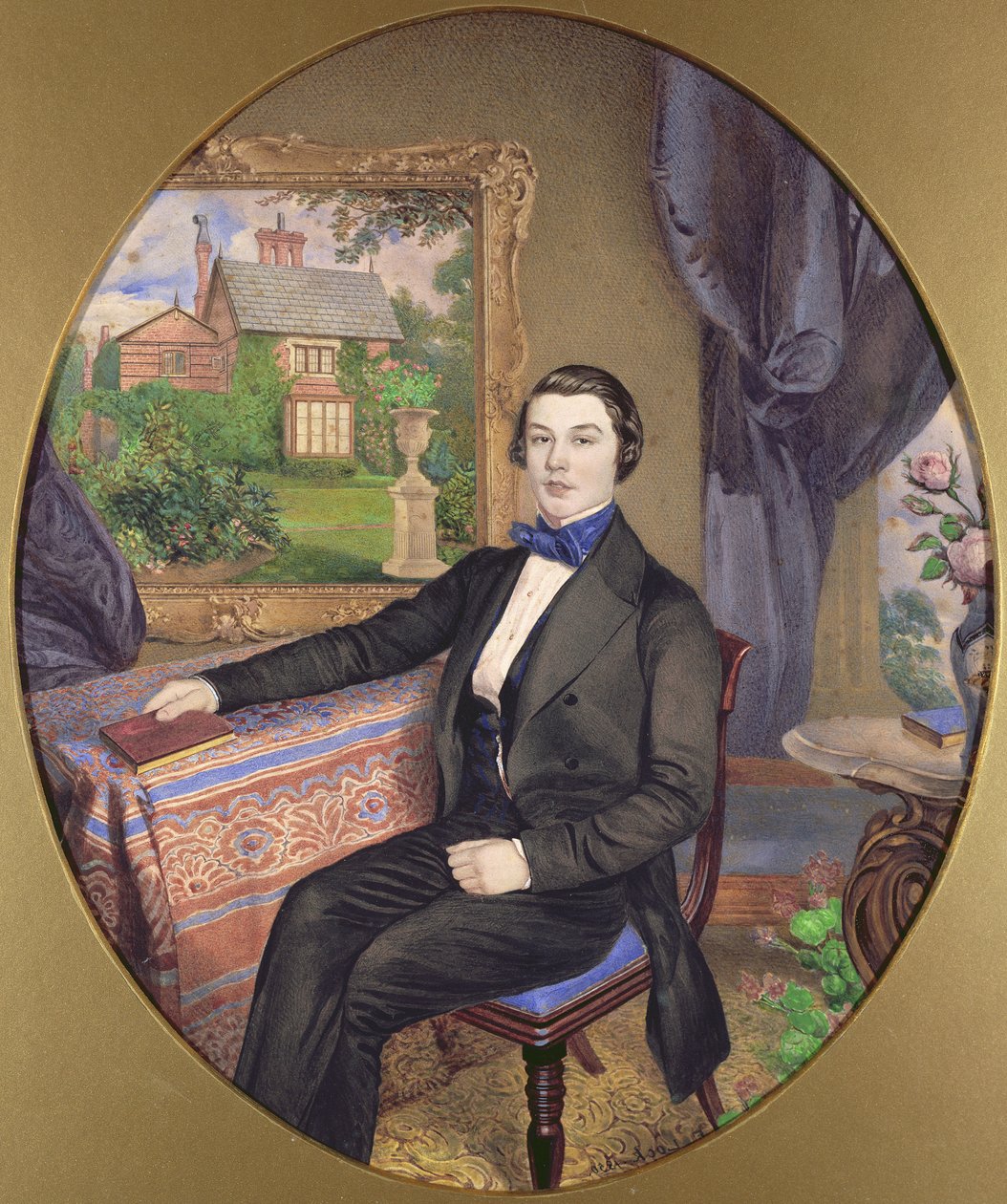 Portrett av en ung mann i et viktoriansk interiør, 1850 (wc på papir) av Frederick William Lock