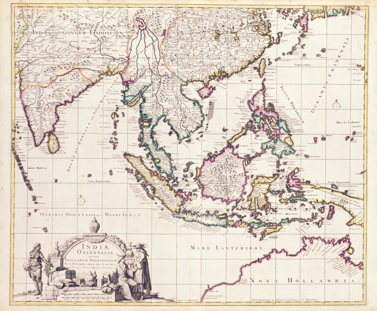 Kart over India og Øst-India (håndfarget gravering) av Frederick de Wit