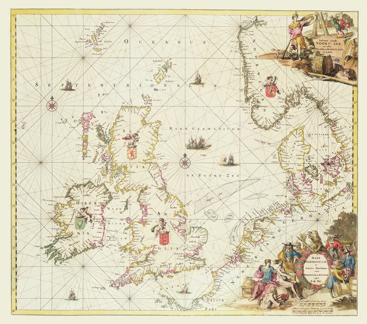 Kart over Nordsjøen, ca. 1675 (håndfarget gravering) av Frederick de Wit