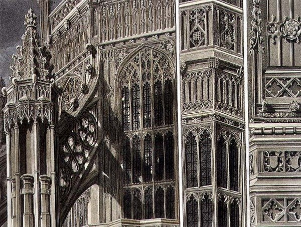 Fragmenter og deler av eksteriøret til Henry the Seventh Chapel, plate 12 fra 