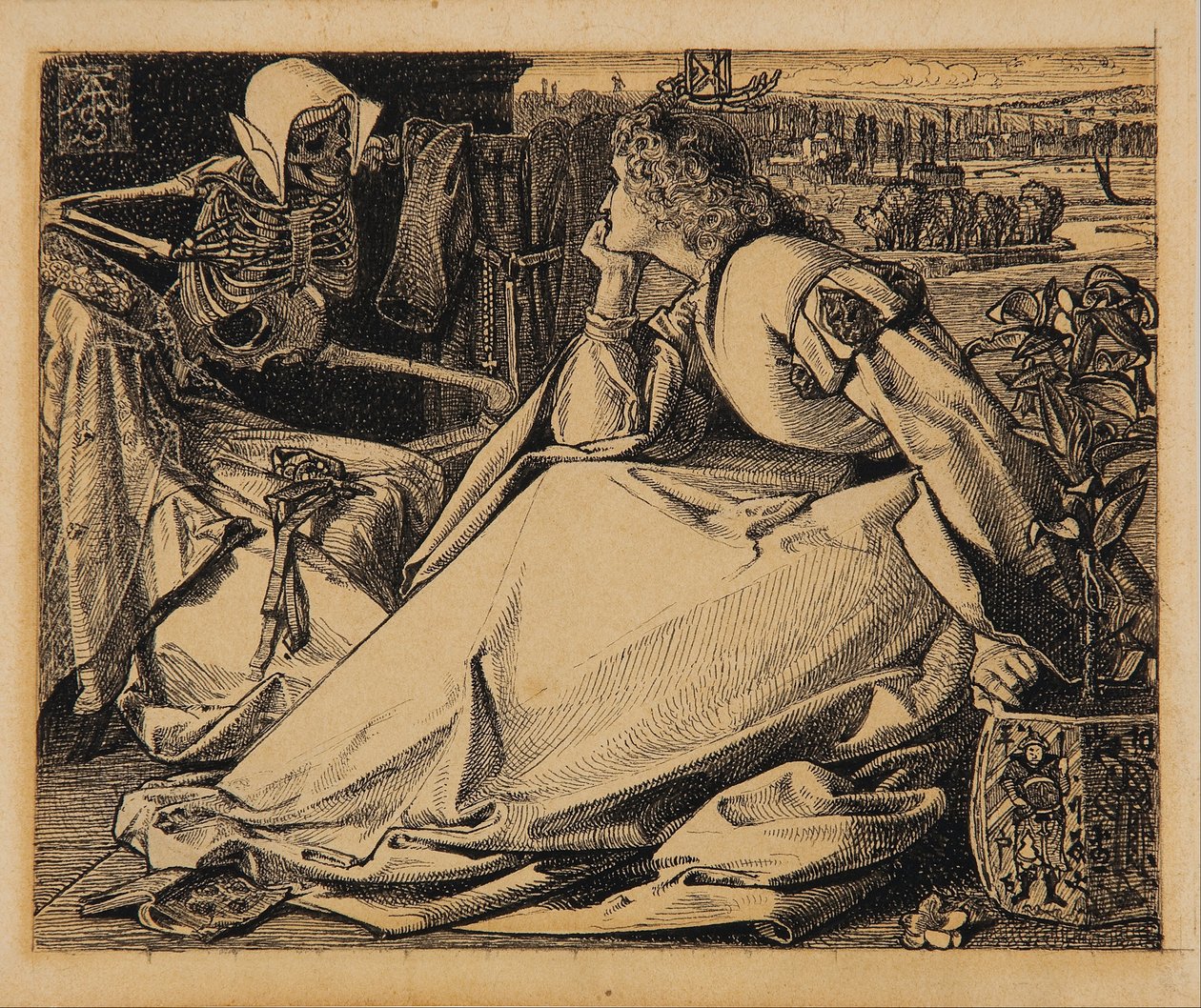 Frem til hennes død forberedende tegning til "Good Words" av Frederick A. Sandys