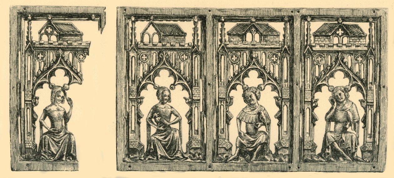 Riddere og damer som sitter under baldakiner, gjennomboret panel i elfenben, midten av slutten av 1300-tallet, 1881. av Frederick Albert Slocombe