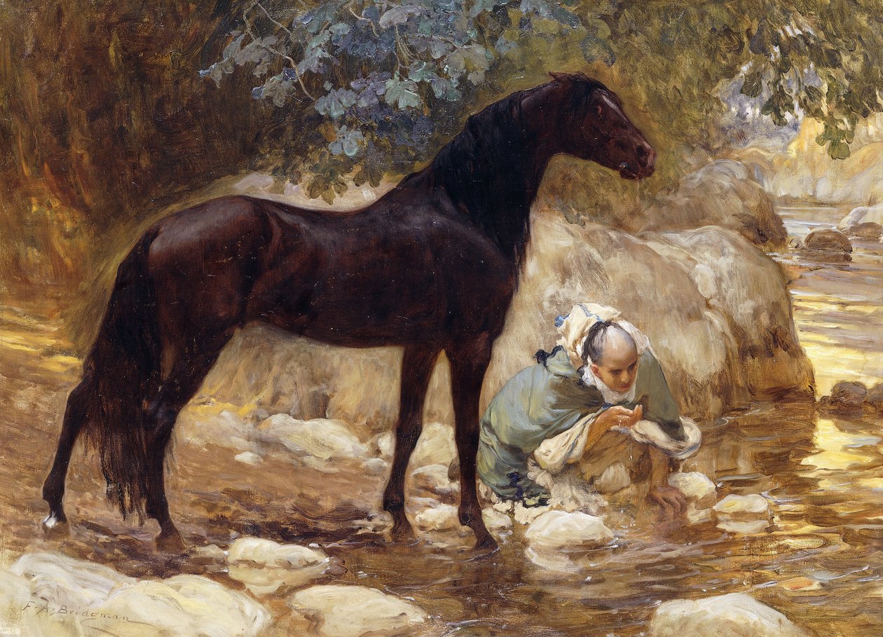 En araber som vanner hesten sin ved en elv, ca. 1890-1900 av Frederick Arthur Bridgman