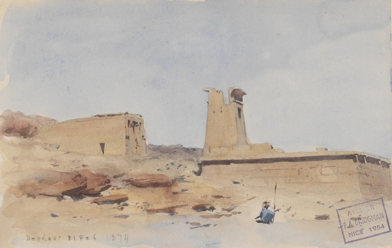 Dendur-tempelet, viser pylonen og terrassen, 1874. av Frederick Arthur Bridgman