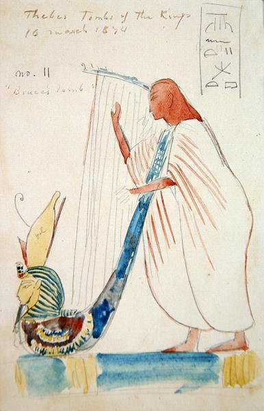 Veggmaleri av en harpist i graven til Ramesses III i Theben av Frederick Arthur Bridgman