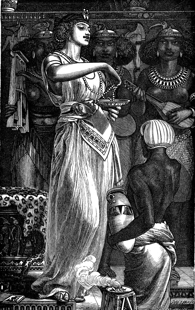 Cleopatra VII 69-30 f.Kr., dronning av Egypt, oppløste perler i vin, 1866 av Frederick Augustus Sandys
