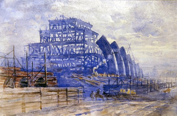 Byggingen av togskuret, St. Pancras Station av Frederick Barnard