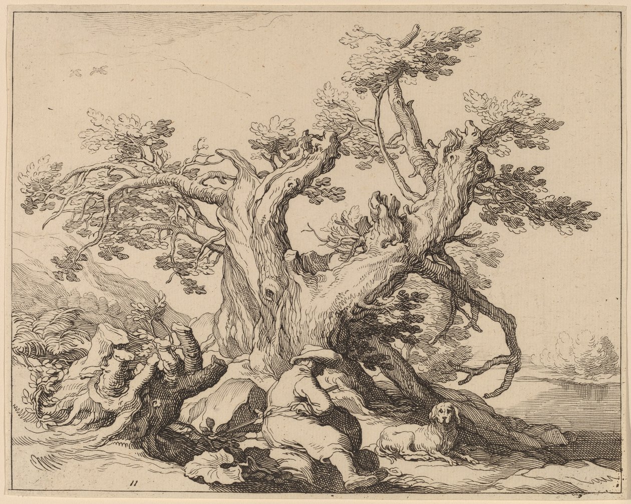 En mann og hunden hans hviler ved et stort tre av Frederick Bloemaert after Abraham Bloemaert
