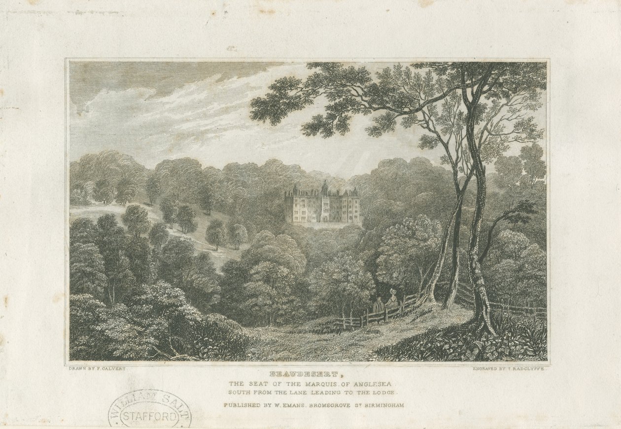 Beaudesert Hall and Park: gravering, nd [c 1830] av Frederick Calvert