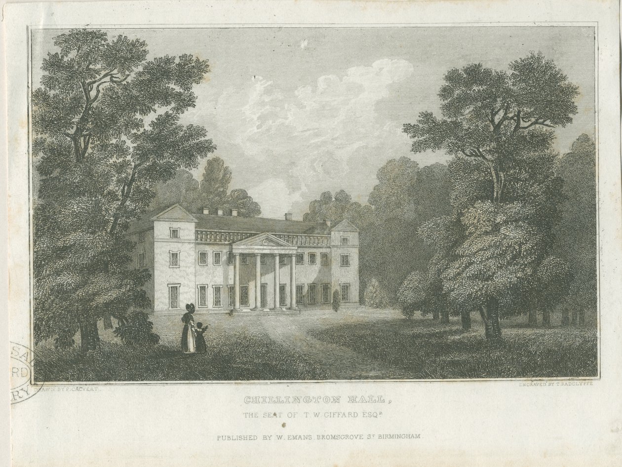 Chillington Hall: gravering, nd [1830] (trykk) av Frederick Calvert