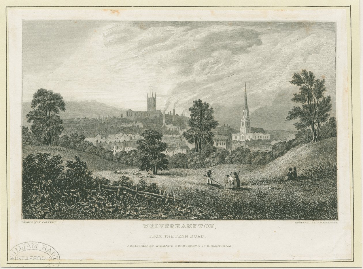 Wolverhampton - Fjernsyn fra Penn Road: stålgravering, nd [c 1830] (trykk) av Frederick Calvert