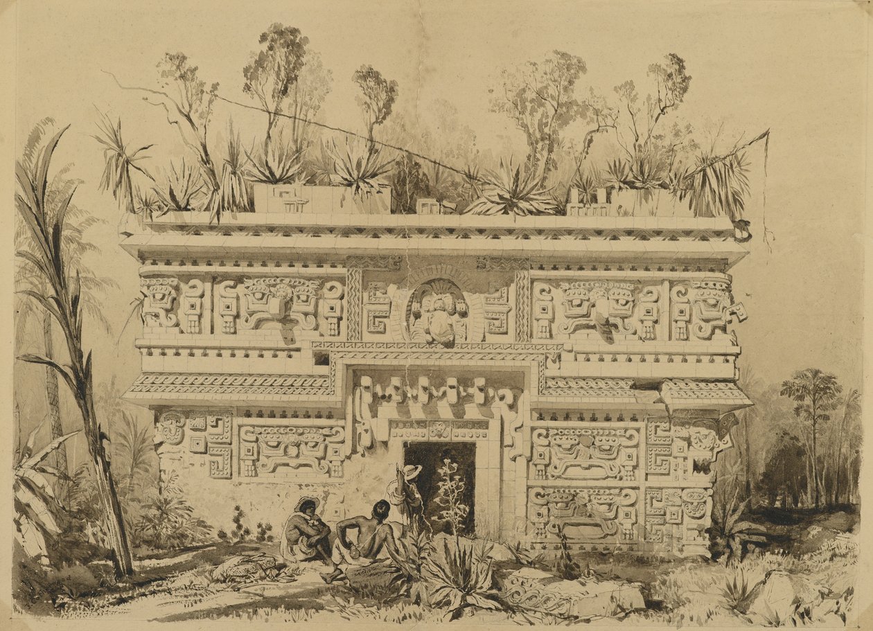 Las Monjas, Chichen Itza, Yucatan, 1843 (sepia blekk og vask på vevd papir) av Frederick Catherwood