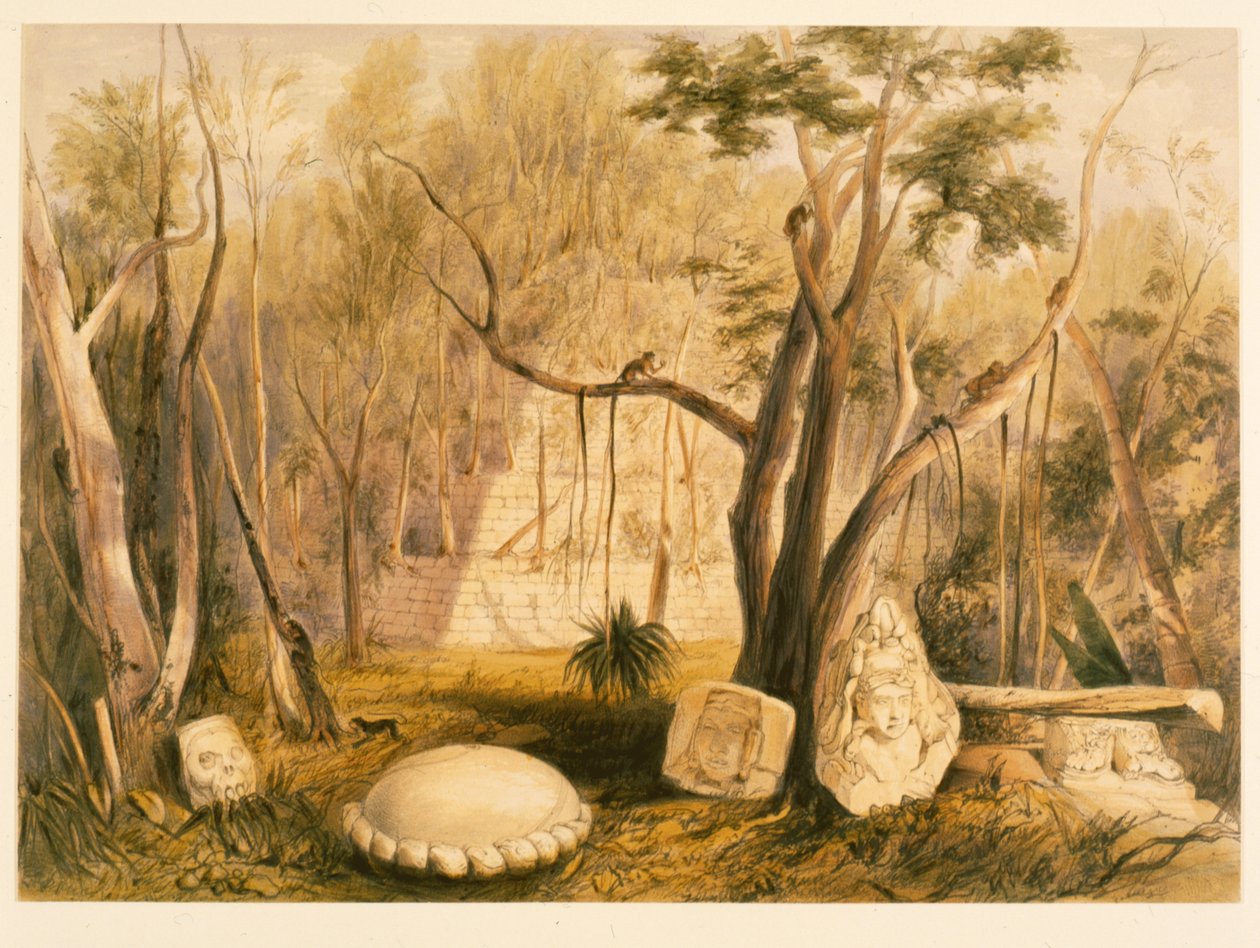 Pyramidal bygning og fragment av skulptur ved Copan, illustrasjon fra 
