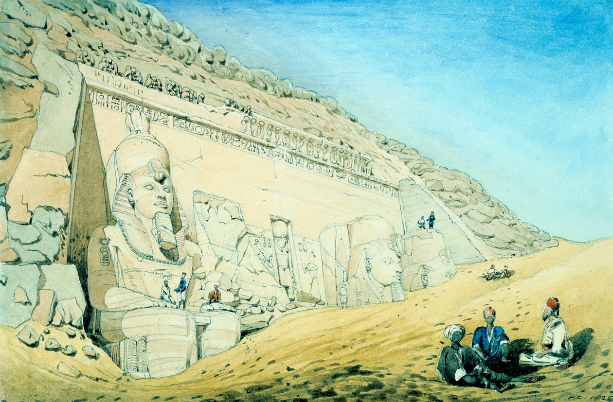Statuer av Rameses II utenfor inngangen til hovedtempelet i Abu Simbel, Egypt, 1200-tallet f.Kr. av Frederick Catherwood