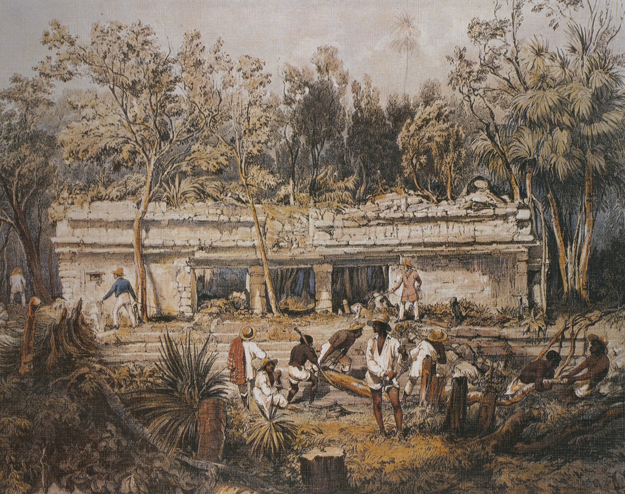 Arkeologene Frederick Catherwood og John Lloyd Stephens måler tempelet i Tulum, Yucatan, Mexico, illustrasjon fra 'Utsikt over gamle monumenter i Mellom-Amerika, Chiapas og Yucatan', av Frederick Catherwood