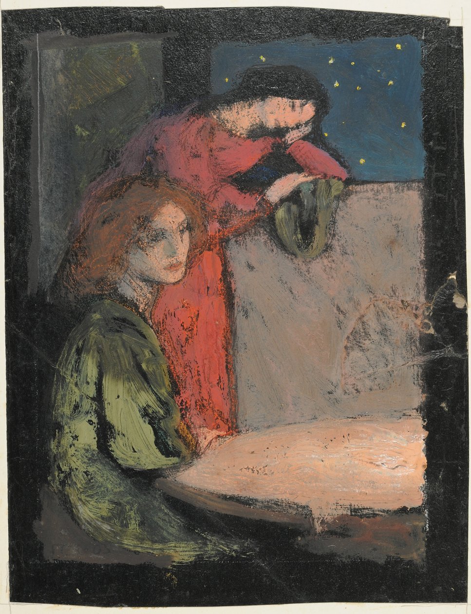 To jenter ved et bord Se ut på en stjerneklar natt, 1905 (tempera på kort) av Frederick Cayley Robinson