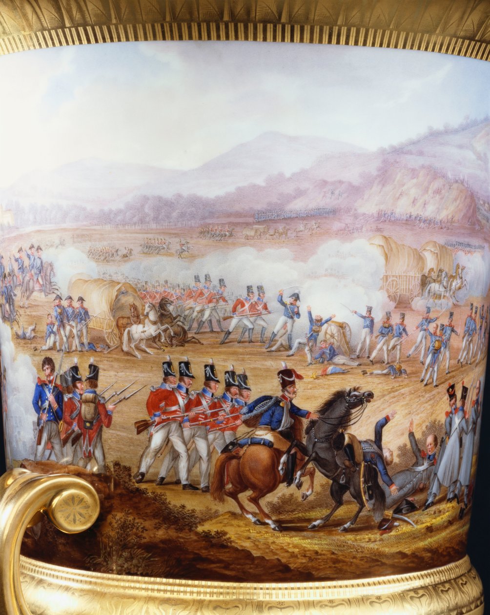 Detalj fra en Berlin gullmalt slank campana-vase og sokkel av Wellington Service-type, mettet 1817, malt med en scene fra slaget ved Vittoria, 1817 av Frederick Christian Lewis