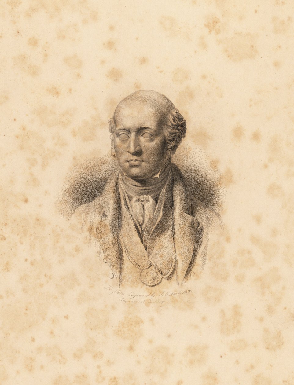 Portrettbyste av kunstneren Sir Thomas Lawrence. Gravering av Frederick Christians Lewis etter en illustrasjon av Sir Thomas Lawrence fra P.G. Patmore