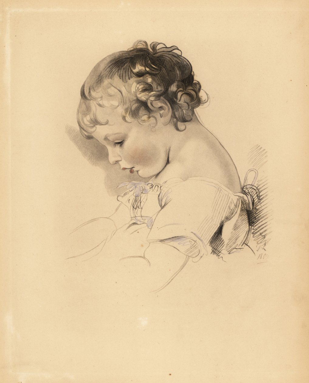 Portrett av Henry Bloxam, nevø til Sir Thomas Lawrence. Gutt i kjole med blått bånd. Håndtonet gravering av Frederick Christian Lewis etter en illustrasjon av Sir Thomas Lawrence fra P.G. Patmore