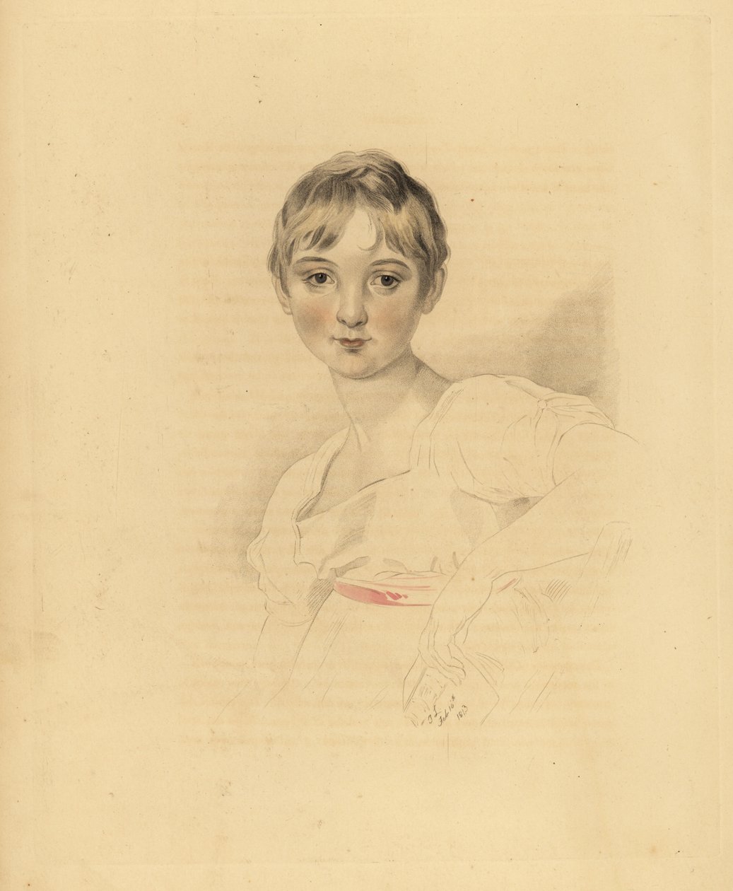 Portrett av Lucy Meredith, niese til Sir Thomas Lawrence. Ung pre-tenåringsjente i hvit kjole med rosa båndbelte. Håndtonet gravering av Frederick Christian Lewis etter en illustrasjon av Sir Thomas Lawrence fra P.G. Patmore
