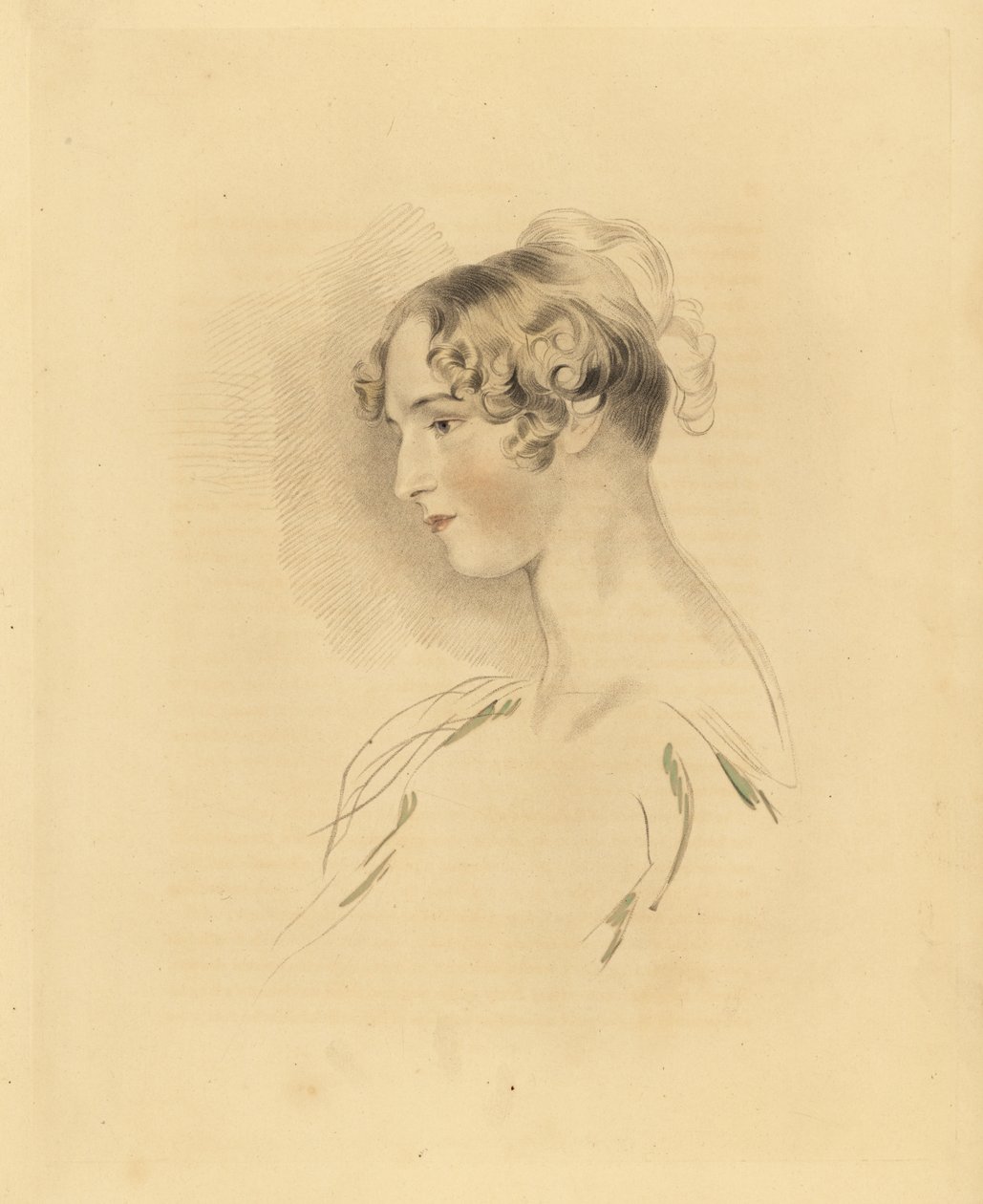 Portrett av Mary Isabella Bloxam som en ung kvinne, niese til Sir Thomas Lawrence. Med håret opp og krøllet, i en off-the-skulder kjole. Gravering av Frederick Christian Lewis etter en illustrasjon av Sir Thomas Lawrence fra P.G. Patmores kabinett av G av Frederick Christian Lewis