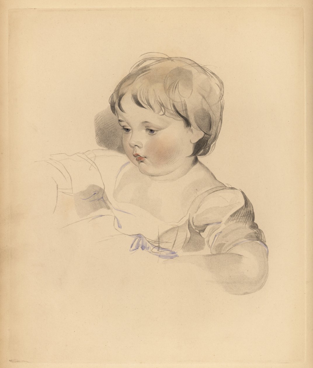 Portrett av Rowland Bloxam, nevø til Sir Thomas Lawrence. Lubben gutt i kjole knyttet med blått bånd. Håndtonet gravering av Frederick Christian Lewis etter en illustrasjon av Sir Thomas Lawrence fra P.G. Patmore
