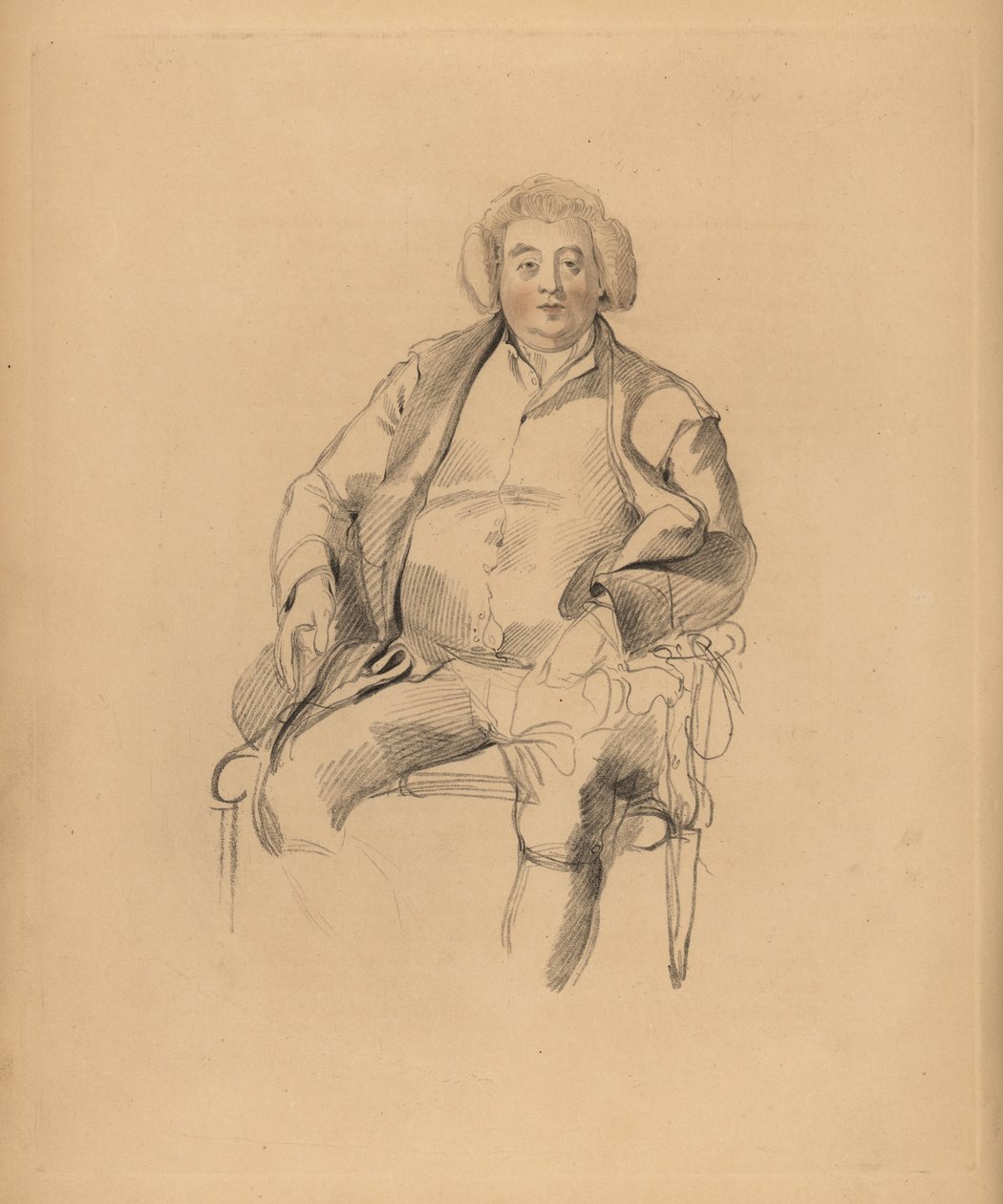 Portrett av Sir Thomas Lawrences far, gjestgiver Thomas Lawrence. Portly mann i parykk sittende på en stol. Håndtonet gravering av Frederick Christian Lewis etter en illustrasjon av Sir Thomas Lawrence fra P.G. Patmore