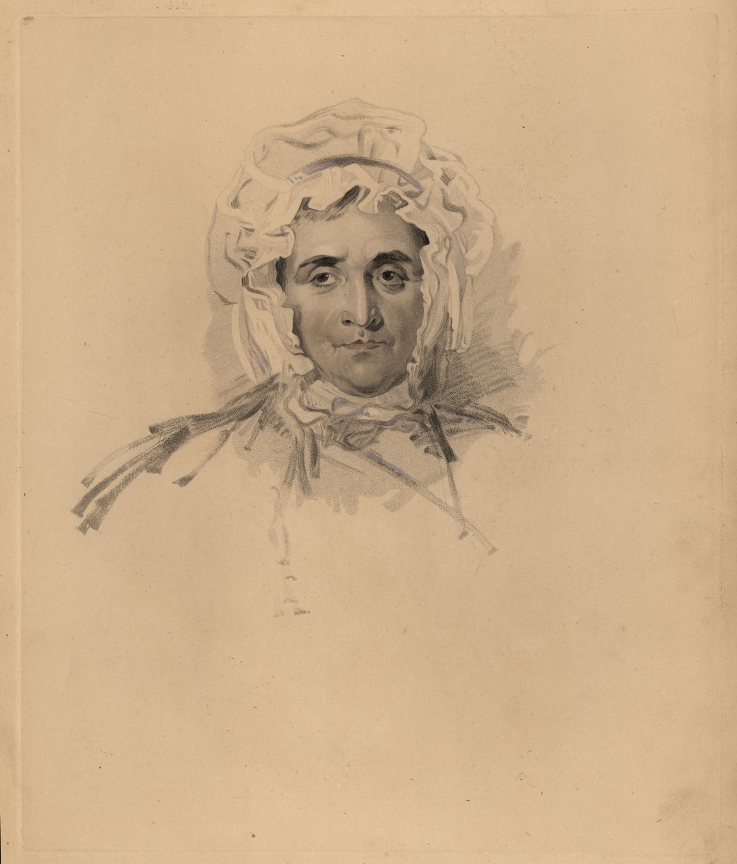 Portrett av Sir Thomas Lawrences mor Lucy Read nær døden. I panser og høyhalset kjole. Håndtonet gravering av Frederick Christian Lewis etter en illustrasjon av Sir Thomas Lawrence fra P.G. Patmore
