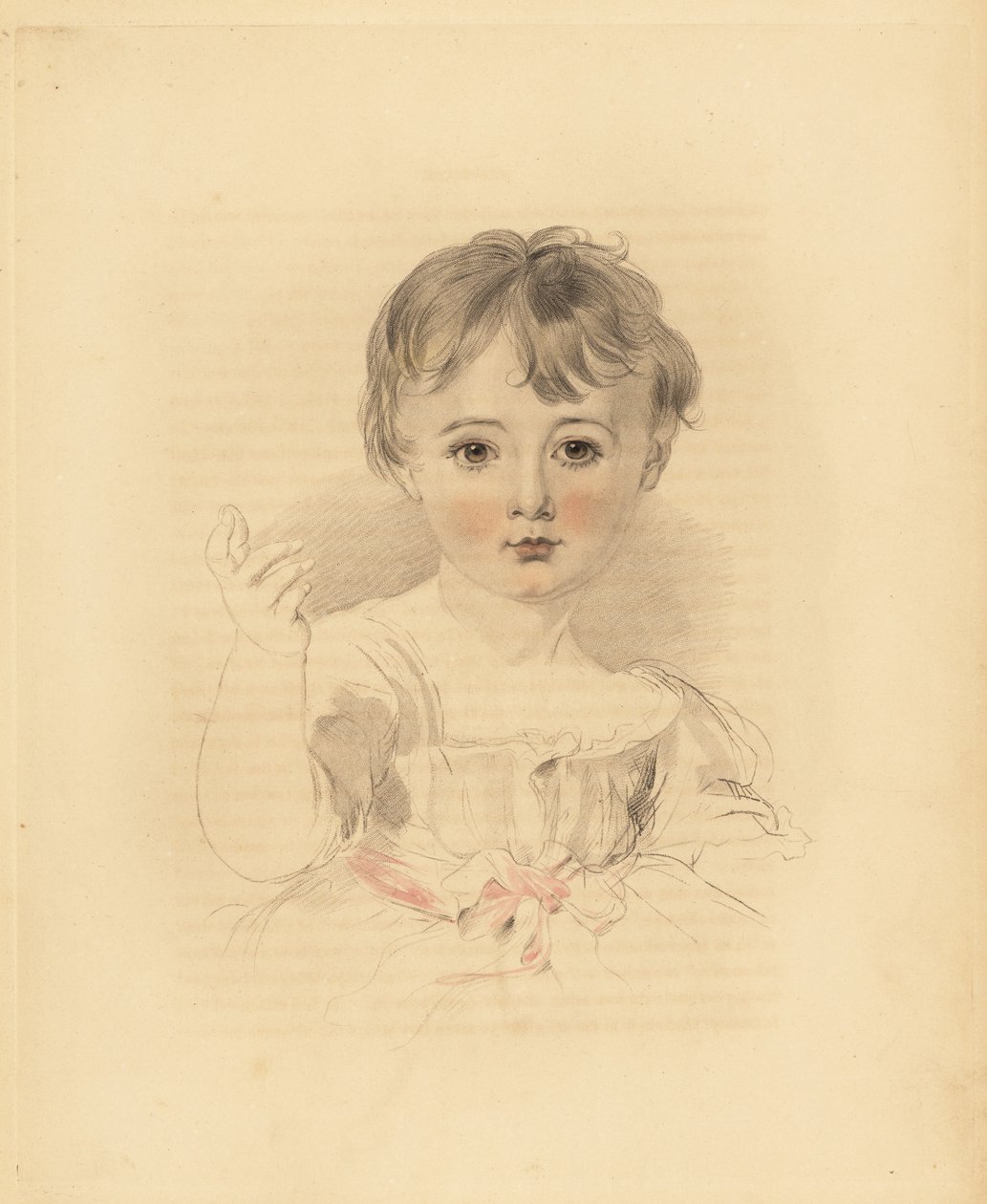 Portrett av Thomas Lawrence Bloxam, nevø til Sir Thomas Lawrence. I kjole knyttet med rosa sløyfe. Håndtonet gravering av Frederick Christian Lewis etter en illustrasjon av Sir Thomas Lawrence fra P.G. Patmore