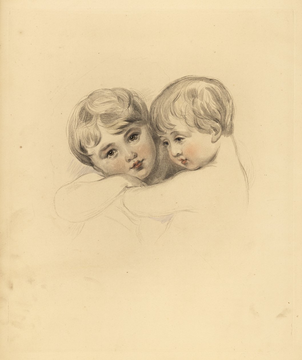 Portrett av Calmeady-barna i en omfavnelse. Håndtonet gravering av Frederick Christian Lewis etter en illustrasjon av Sir Thomas Lawrence fra PG Patmore's Cabinet of Gems, Ackermann, London av Frederick Christian Lewis
