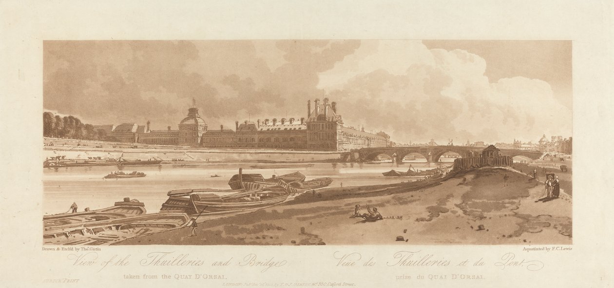 The Emanuel Volume: Plate 1 fra Views in Paris; Utsikt over Thuilleries og broen, tatt fra Quai d'Orsay av Frederick Christian Lewis the Elder