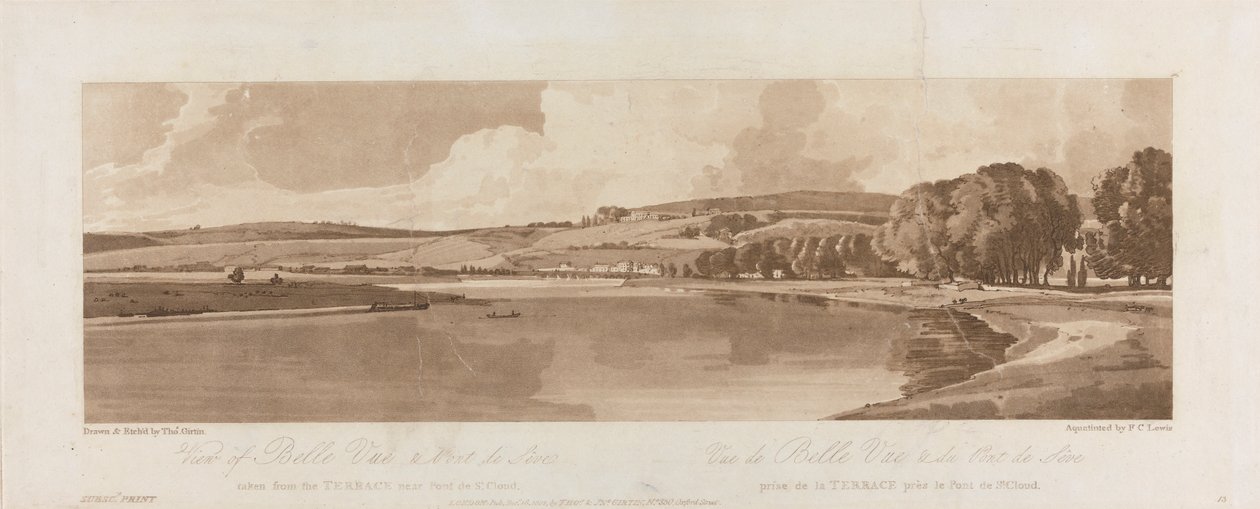 Utsikt over Belle Vue og Pont de Seve tatt fra terrassen nær Pont de St. Cloud 1802; Plate 13 Views in Paris, Emanuel Volume-sporingen av platen B1981.25.2622 av Frederick Christian Lewis the Elder