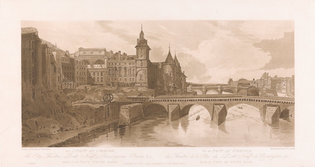 Utsikt over Pont au Change, Theatre de la Cite, Pont Neuf og Conciergerie-fengselet av Frederick Christian Lewis the Elder