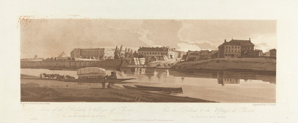 Utsikt over palasset og landsbyen Choisi, på bredden av Siene 1803; Plate 14 fra Views in Paris, Emanuel Volume-sporingen av platen B1981.25.2623 av Frederick Christian Lewis the Elder