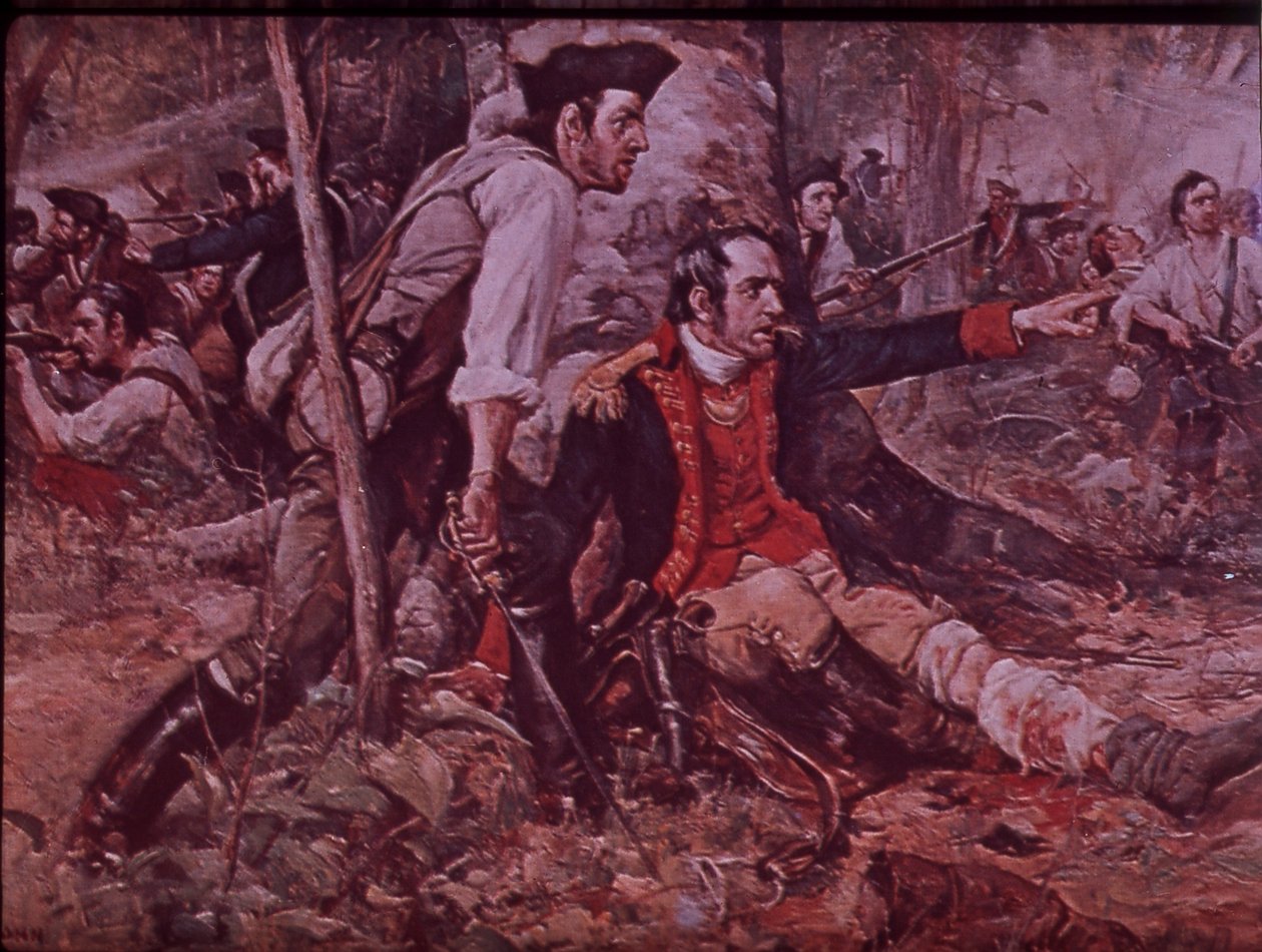 Slaget ved Oriskany i 1777, ca. 1930 (farge litho) av Frederick Coffay (after) Yohn