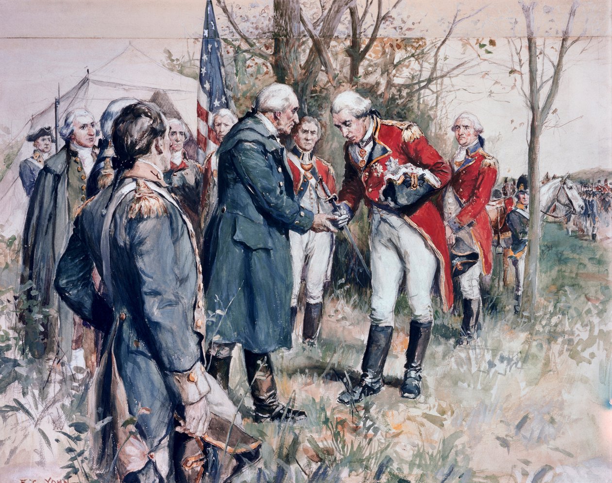 Den amerikanske revolusjonskrigen (1775–1783): Overgivelsen til den britiske generalen John Burgoyne (1722–1792) ved Saratoga, 1777 - Illustrasjon av F.C. Yohn (Frederick Coffay Yohn) (1875–1933) av Frederick Coffay Yohn