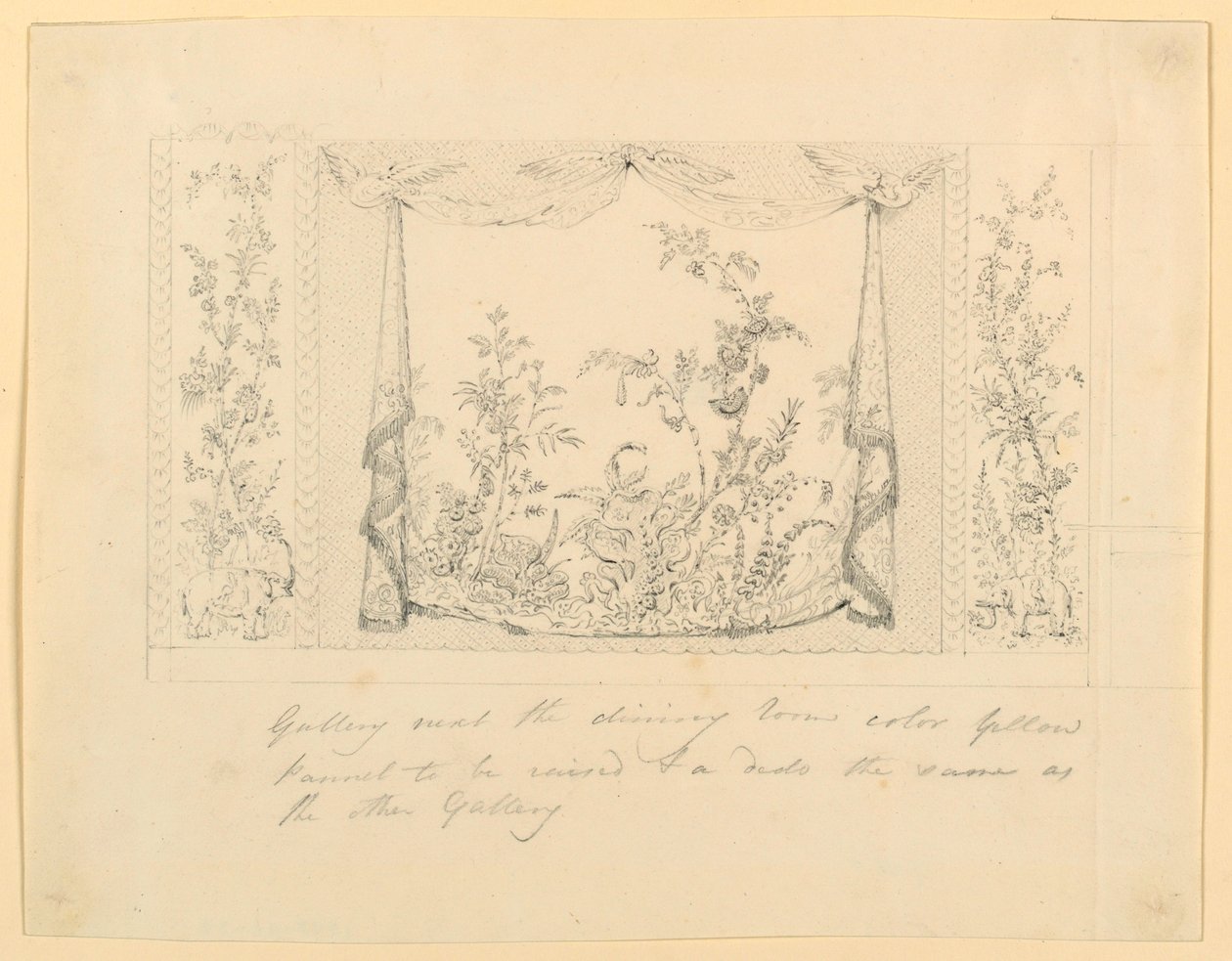 Tegning, The Royal Pavilion, Brighton, Blå (sør) salong, foreslått veggdekorasjon, ca. 1820 av Frederick Crace