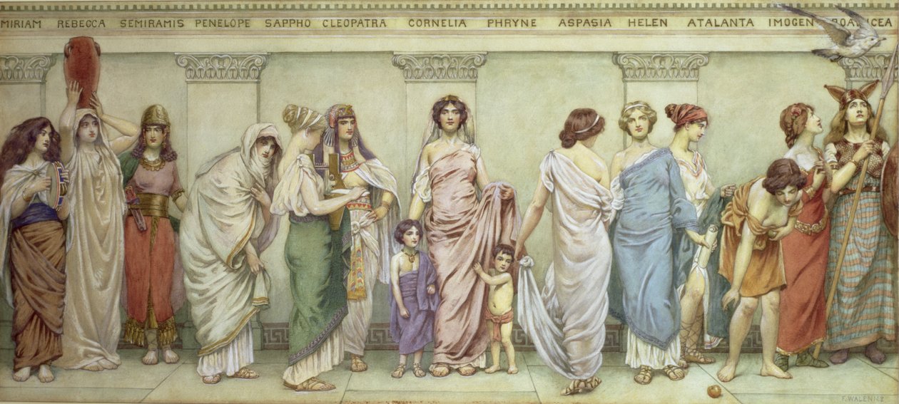 Store kvinner fra antikken: Miriam, Rebecca, Semiramis, Penelope, Sappho, Cleopatra, Cornelia, Phryne, Aspasia, Helen, Atalanta, Imogen og Boadicea av Frederick Dudley Walenn