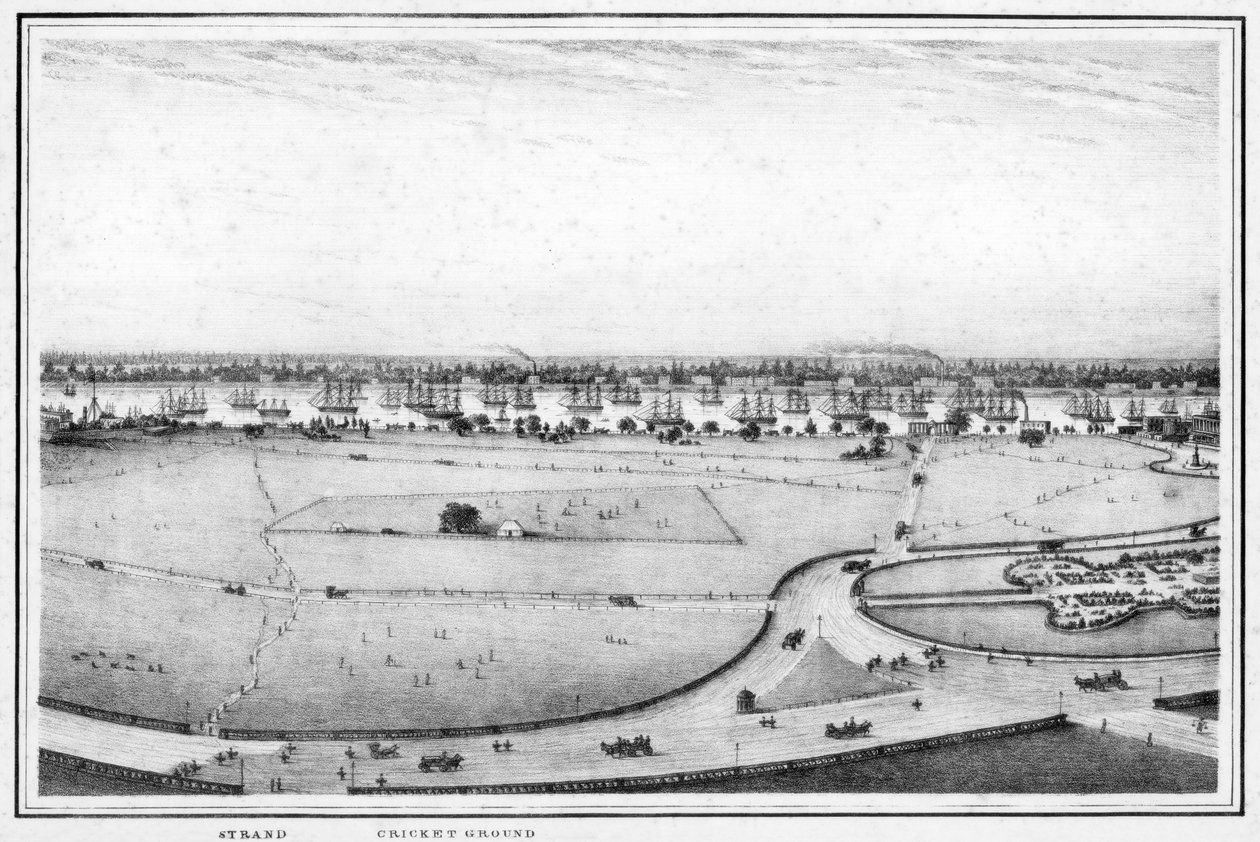 Strand og cricketbane, panorama av Calcutta, India, c1840-tallet. av Frederick Fiebig