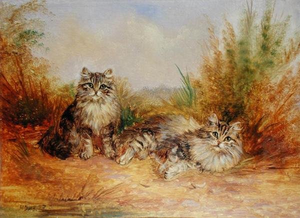 To Tabby kattunger i et landlig landskap (olje om bord) av Frederick French
