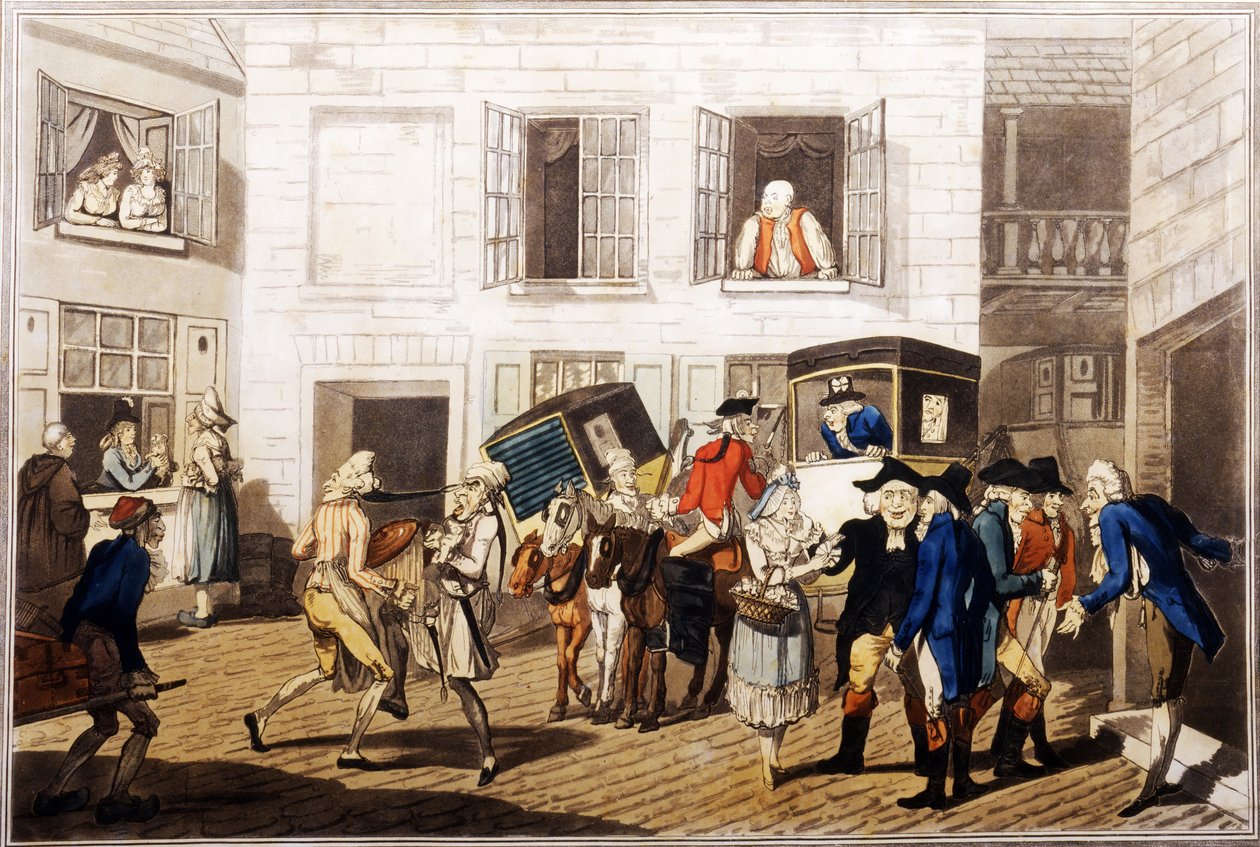 Inn Yard at Calais, pub. av William Holland, London, 1790 (håndfarget akvatint) av Frederick George Byron
