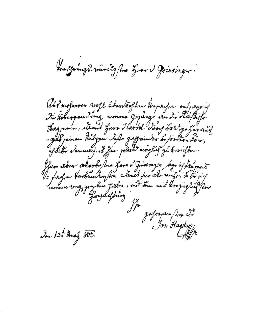 Brev av Francis Joseph Haydn til Herr von Griesinger, 1803 1865. av Frederick George Netherclift