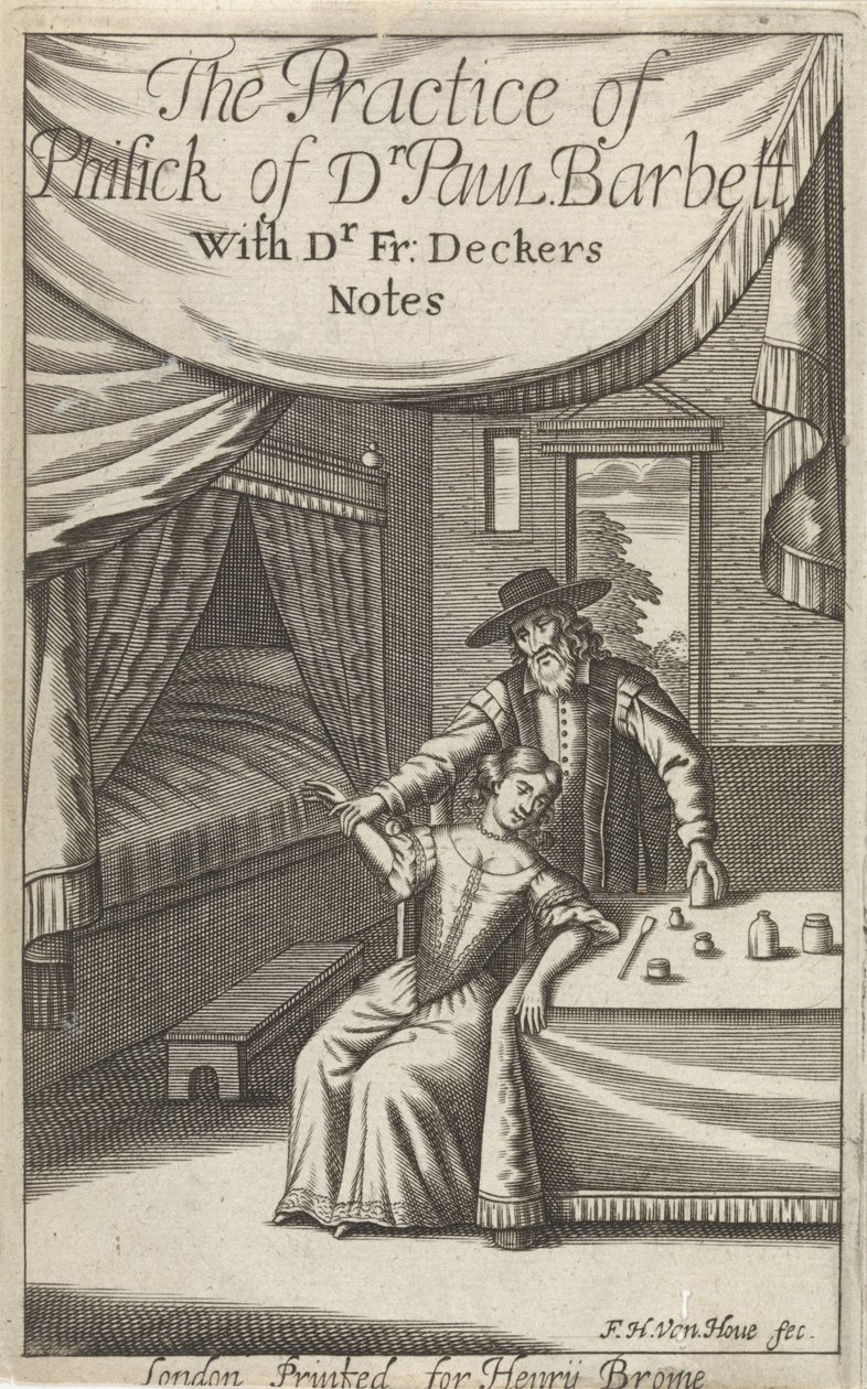Lege med ung kvinne i et interiør Tittelside for: Dekkers, F., The Practice of Phisick of Dr. Paul Barbett av Frederick Hendrick van den Hove