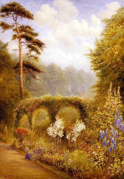 Lilies and Delphiniums, Golden Hill Park, London (akvarell på papir) av Frederick Henry Evans