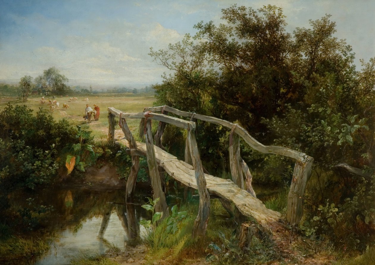 Den gamle gangbroen over elven Cole ved Yardley, 1890. av Frederick Henry Henshaw