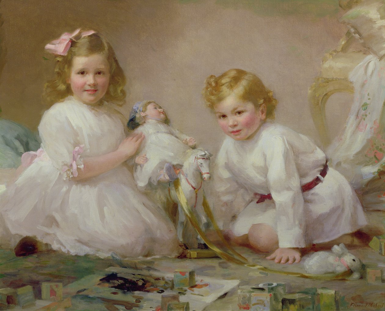 En bror og søster som spiller, 1915 av Frederick Howard Michael