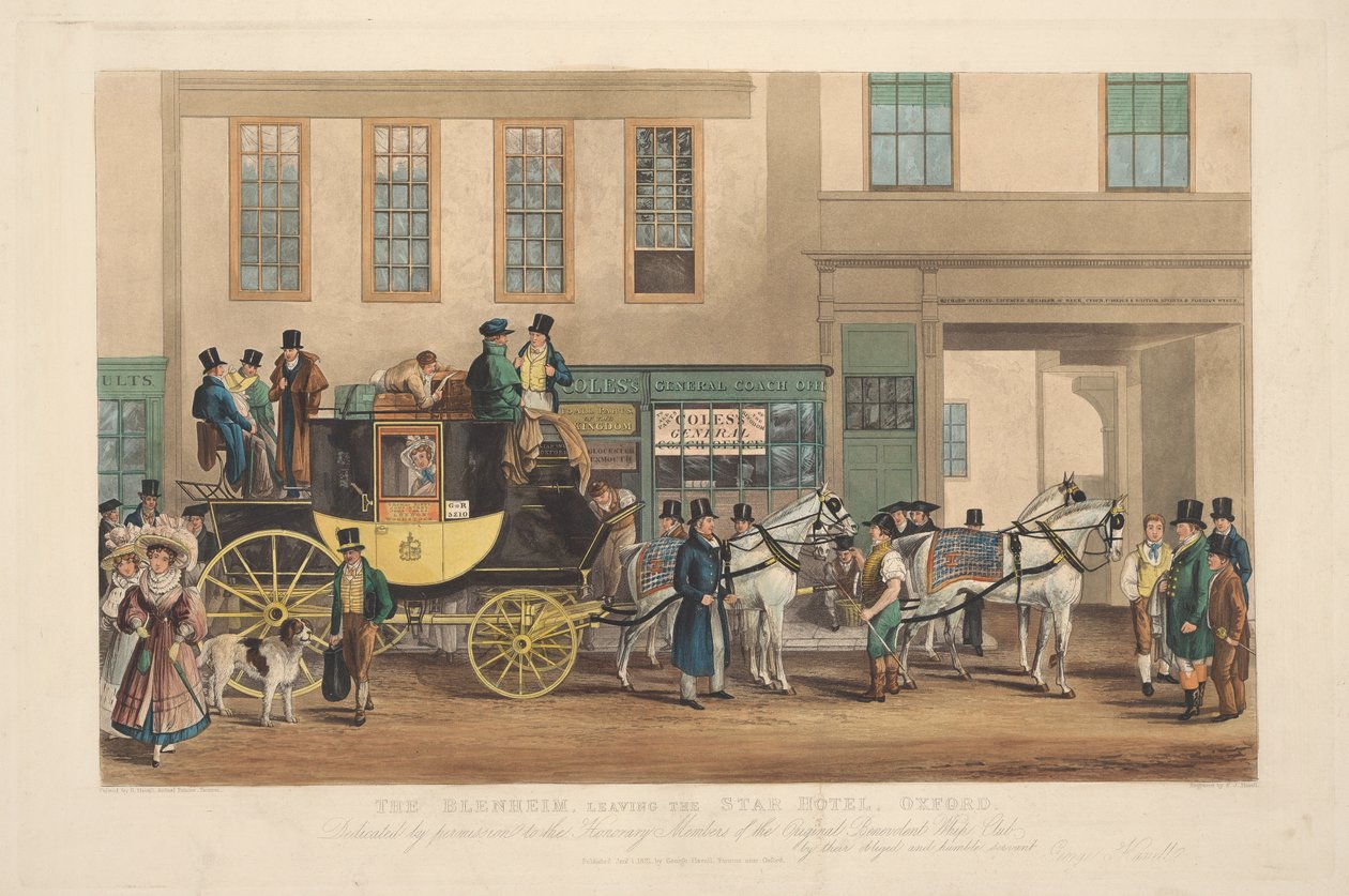 Coaching: The Blenheim, Leaving the Star Hotel, Oxford av Frederick James Havell