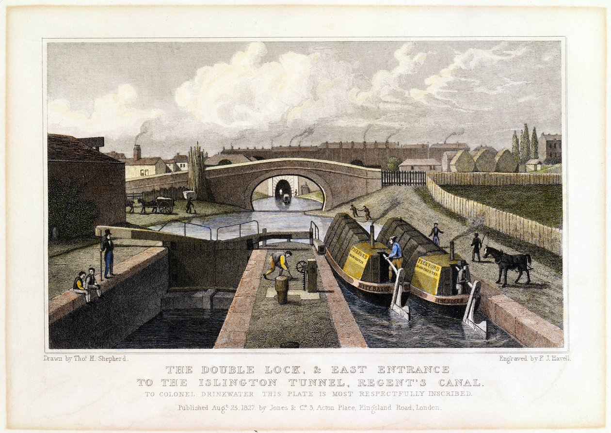 Double Lock og østinngang til Islington Tunnel, Regents Canal, 1827 av Frederick James Havell