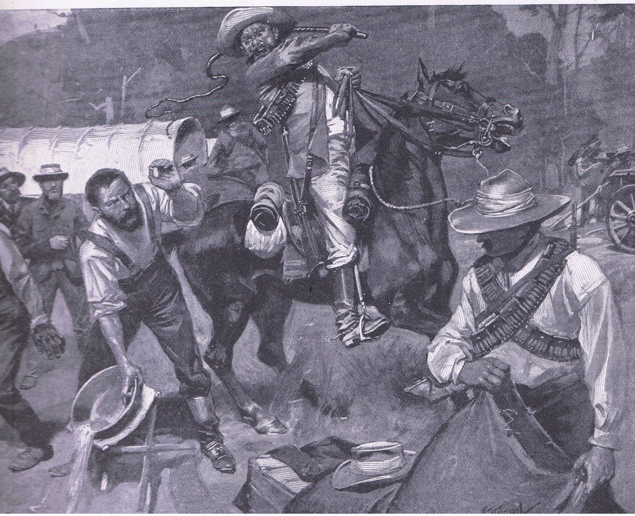 Boerebehandling av fredsutsendinger: The pisking of Margendaal, fra After Pretoria: The Guerilla War utgitt av Harmsworth Bros Limited, 1901 av Frederick Judd Waugh